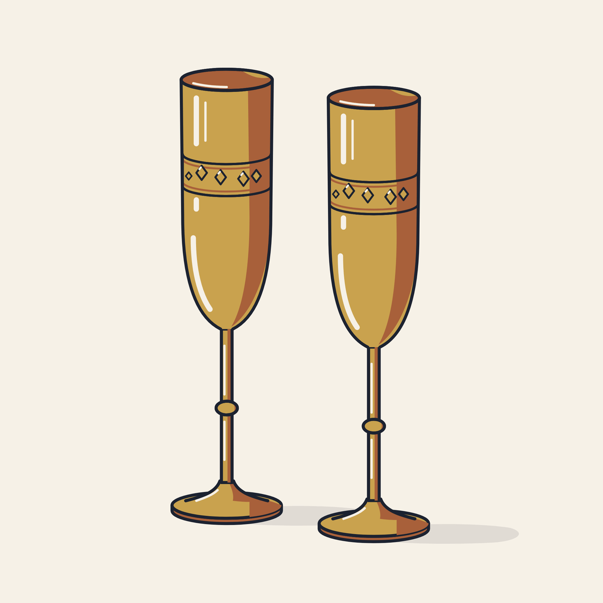 Drawing of two embossed brass champagne flutes