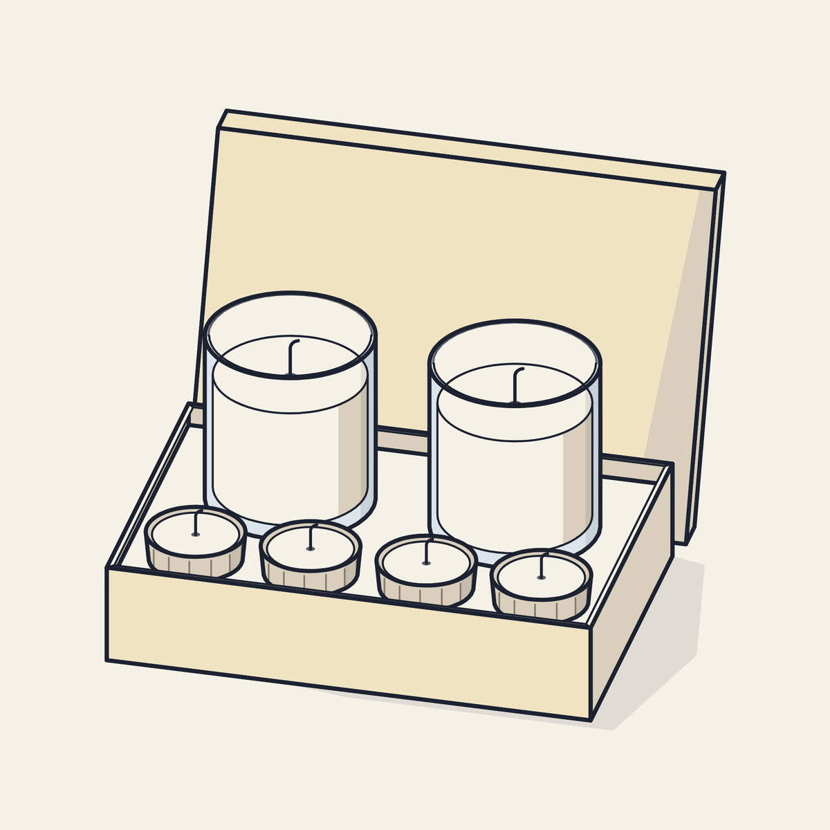 Drawing of a candle gift box with two jar candles and four tealights