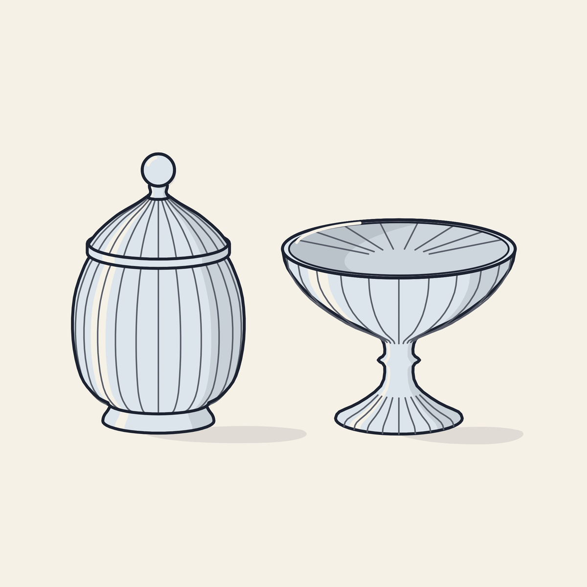 Drawing of a silver ribbed candy jar and pedestal bowl