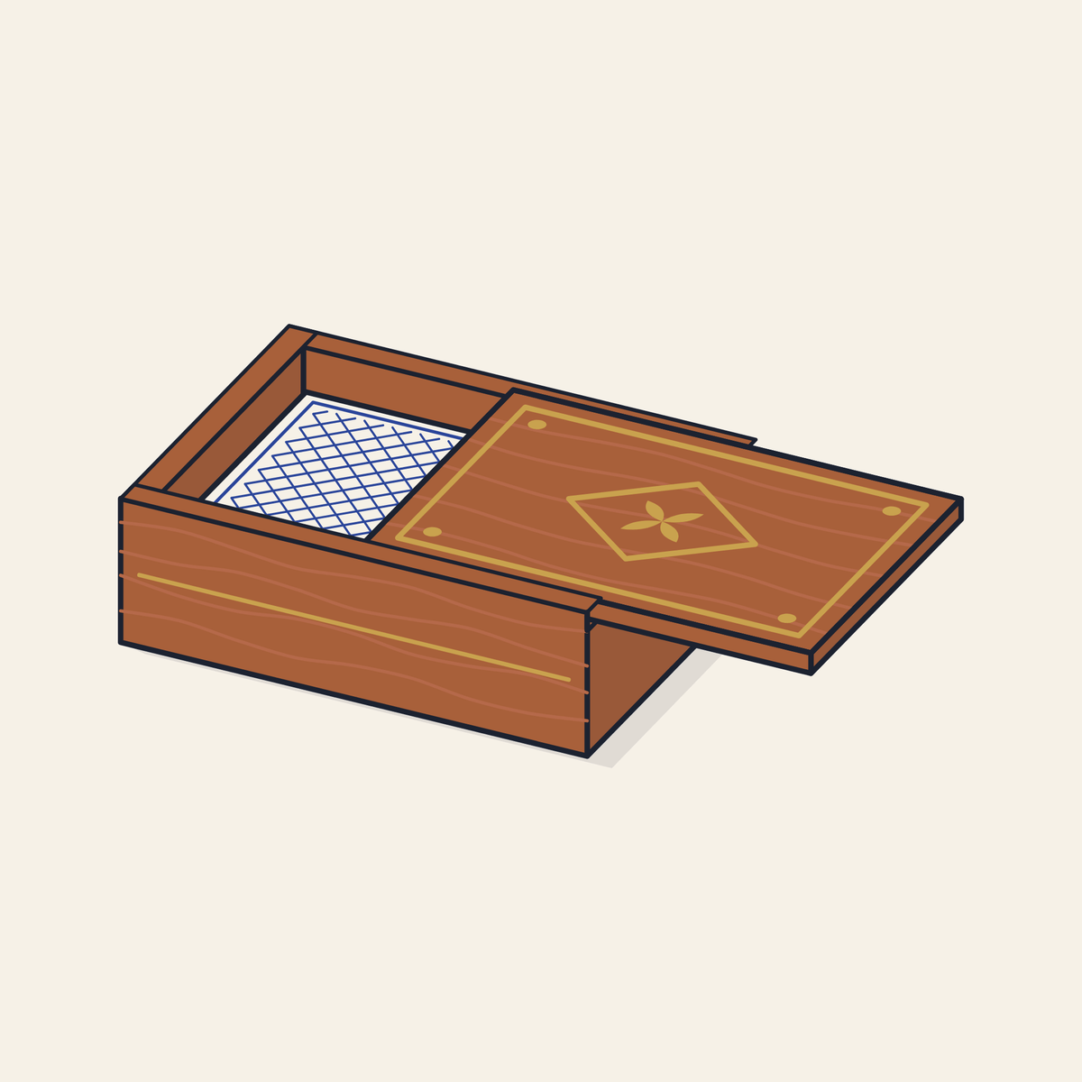 Drawing of a rosewood playing card box with a deck