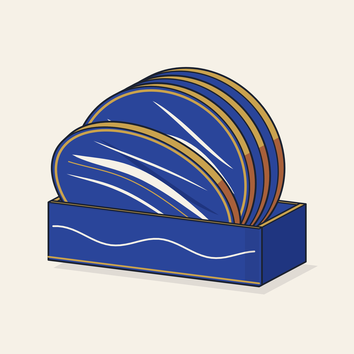 Drawing of four resin coasters in a caddy