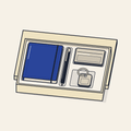Drawing of a desk gift set with a diary, pen, card holder and keychain