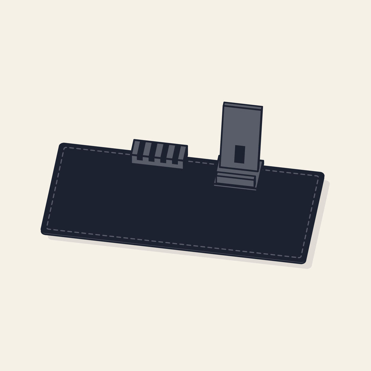 Drawing of a desk mat with a cable holder and phone mount