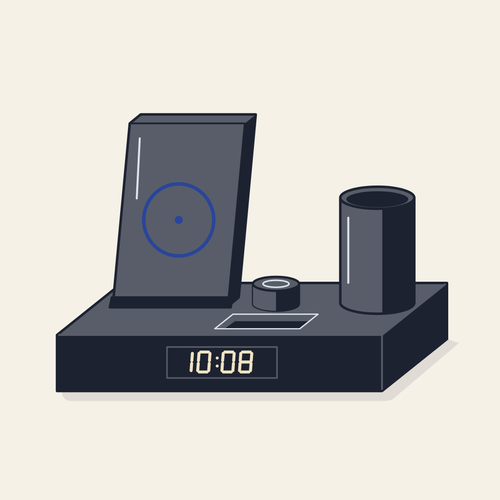 Drawing of a desk organiser with a wireless charger and clock
