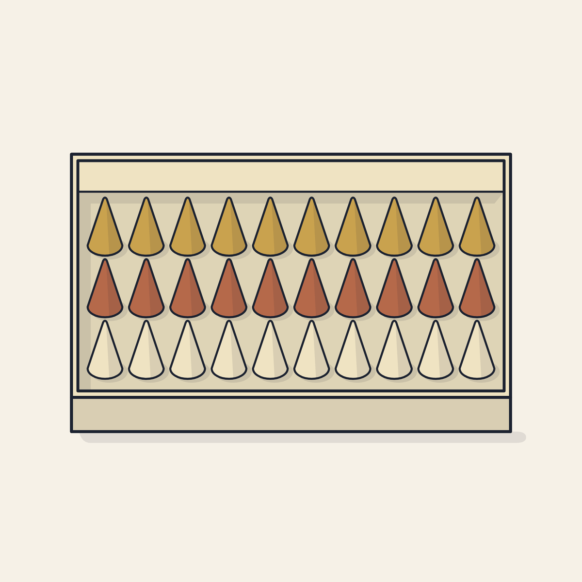 Drawing of an open box of thirty dhoop cones in three tones