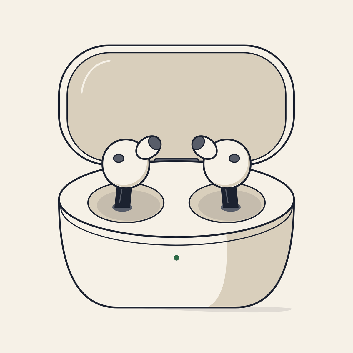 Drawing of wireless earbuds in a charging case