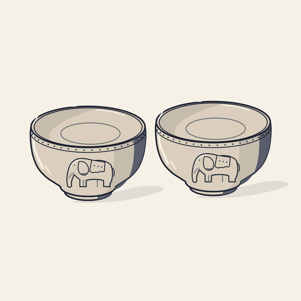 Drawing of two silver elephant bowls