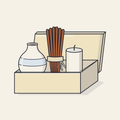 Drawing of an open gift box holding a ceramic piece, incense sticks and a candle