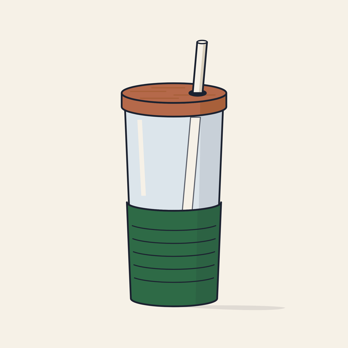Drawing of a glass tumbler with a bamboo lid and straw