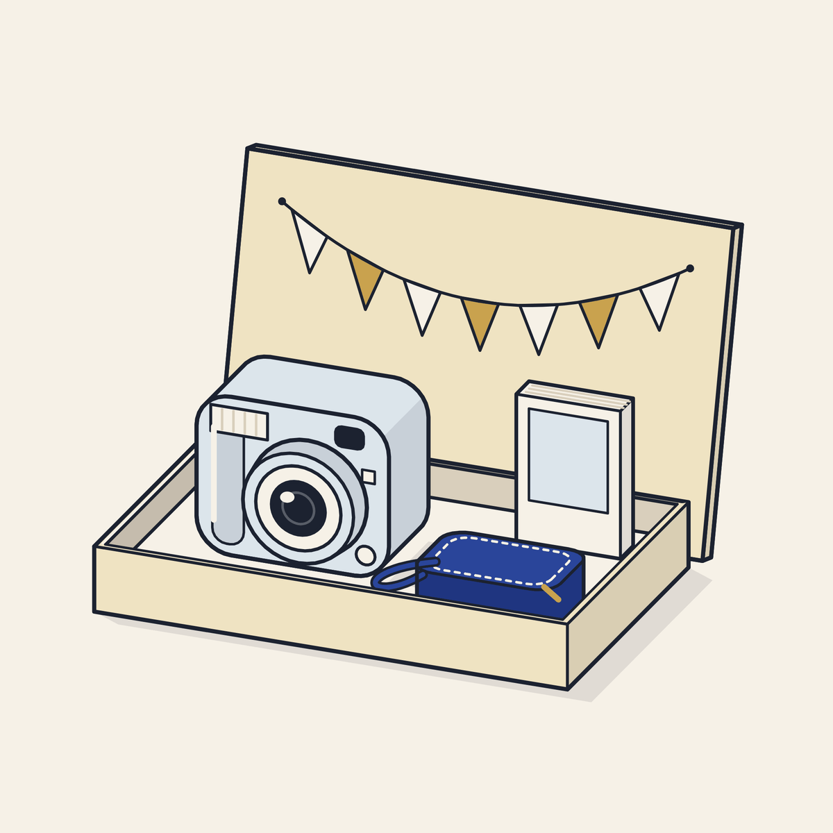 Drawing of an open gift box with an instant camera, film and a carry case