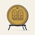 Drawing of a round gold decorative plate with lotus arches on a stand