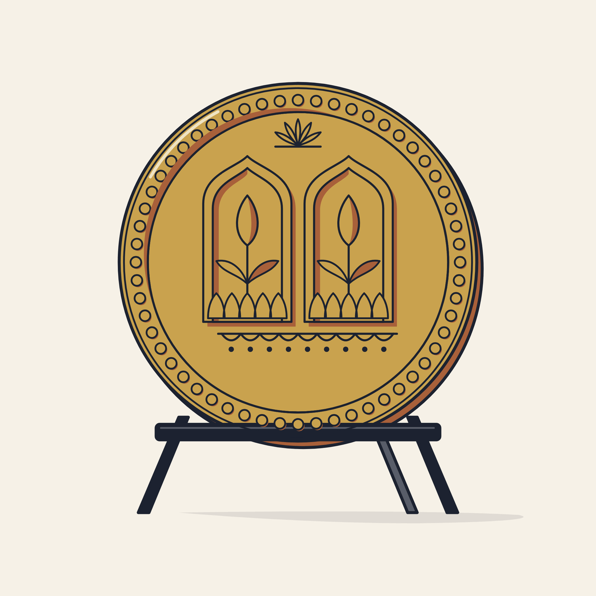 Drawing of a round gold decorative plate with lotus arches on a stand