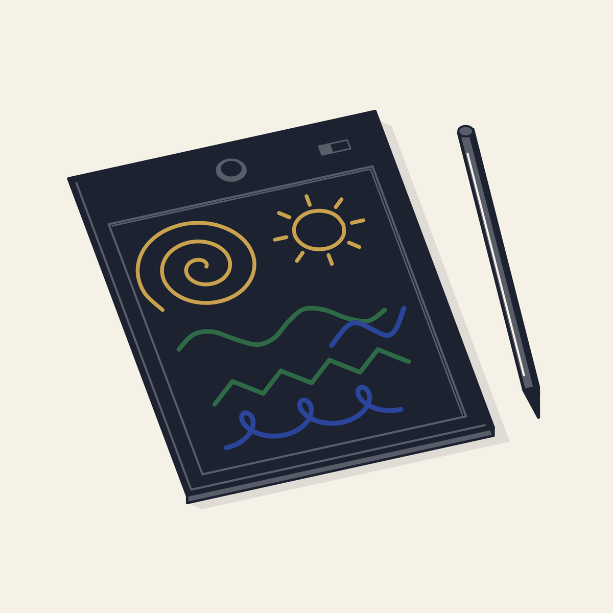Drawing of an LCD writing pad with a stylus