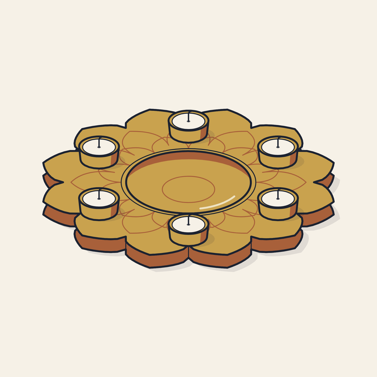 Drawing of a lotus urli with six tealight holders