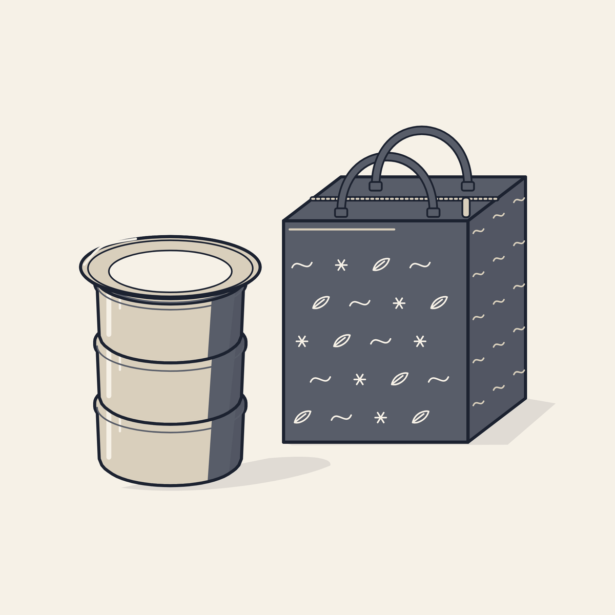 Drawing of an insulated lunch box with a carry bag