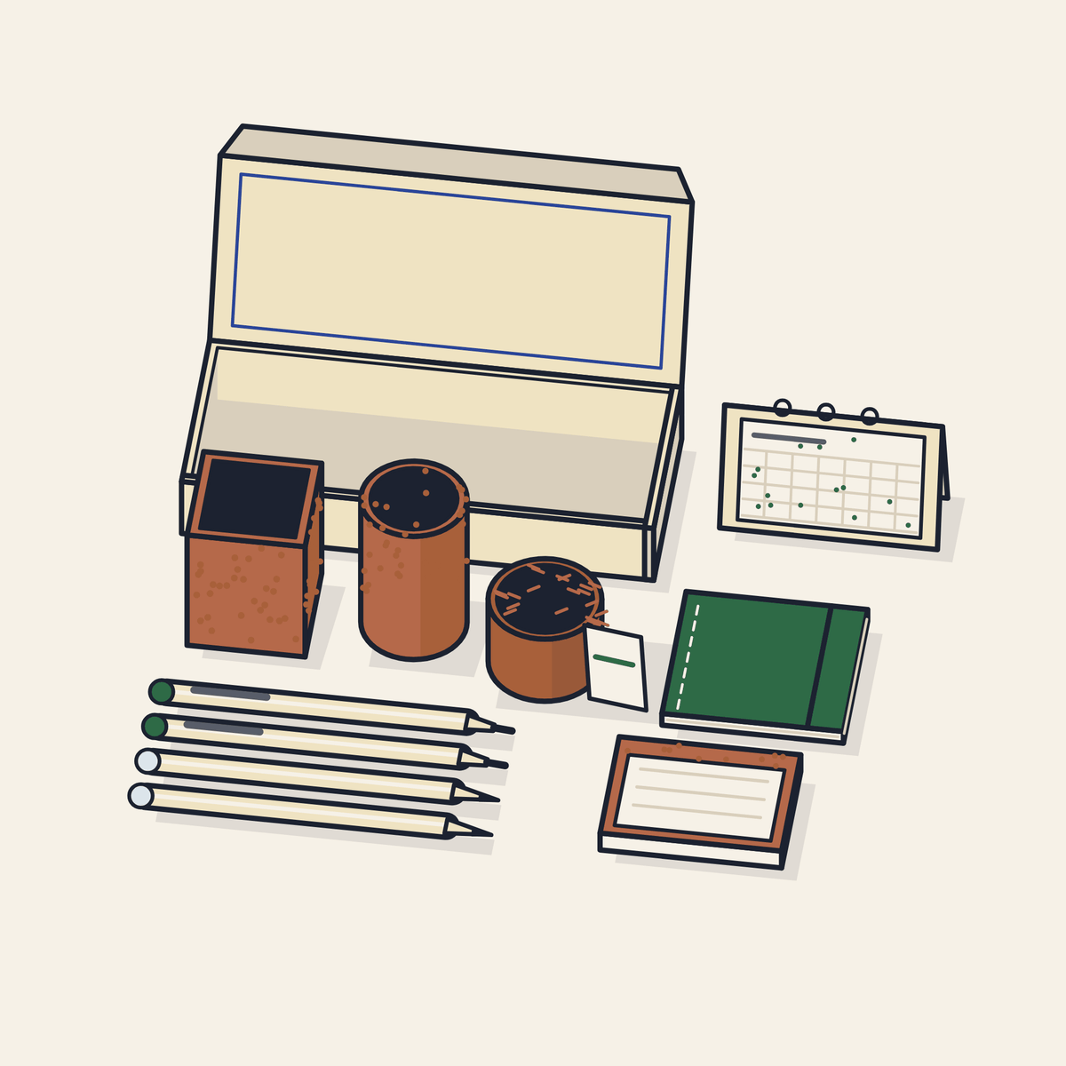 Drawing of a new joiner desk kit laid out in front of its box