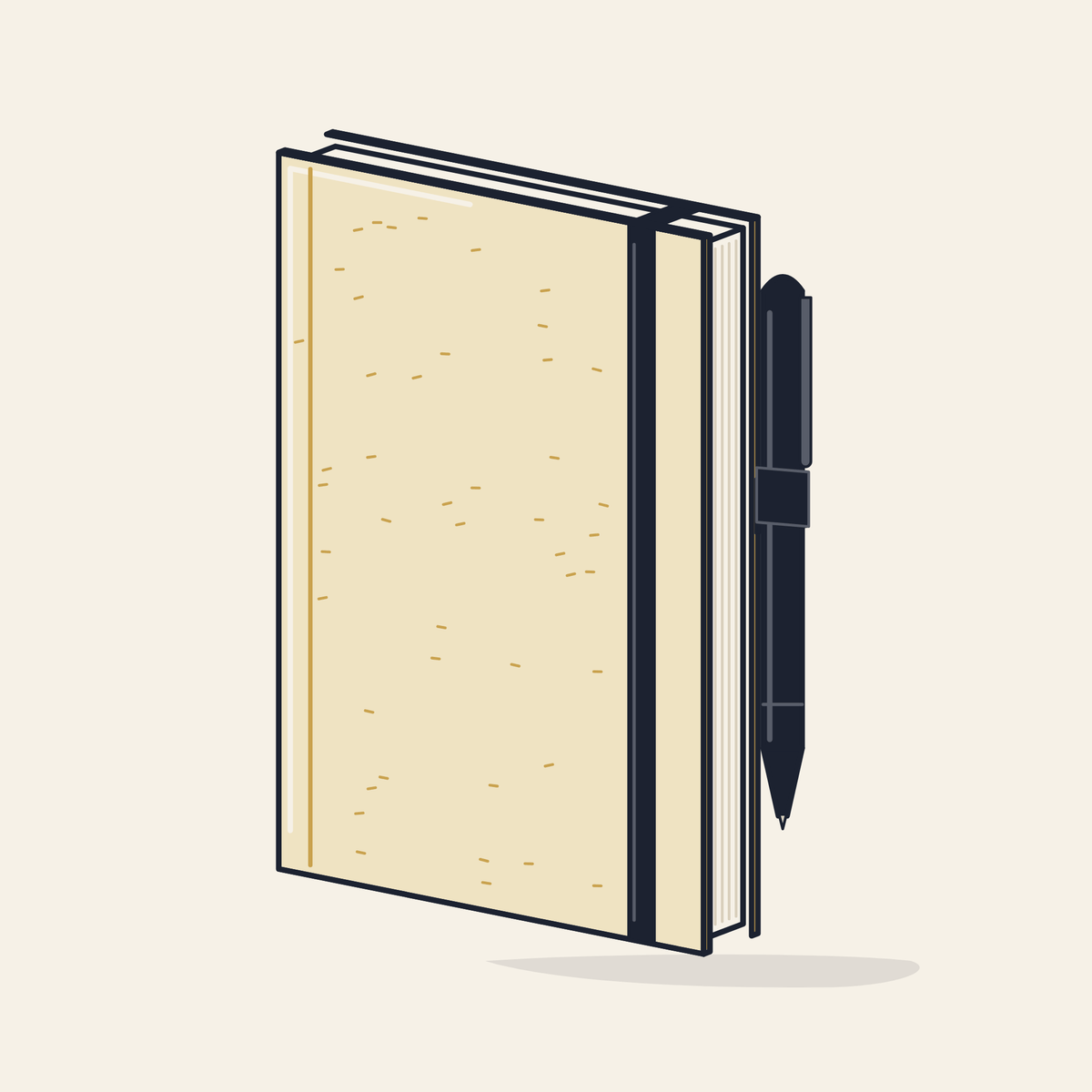 Drawing of a kraft hardcover notebook with a pen