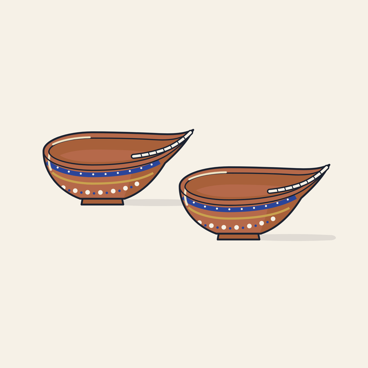 Drawing of two painted clay diyas