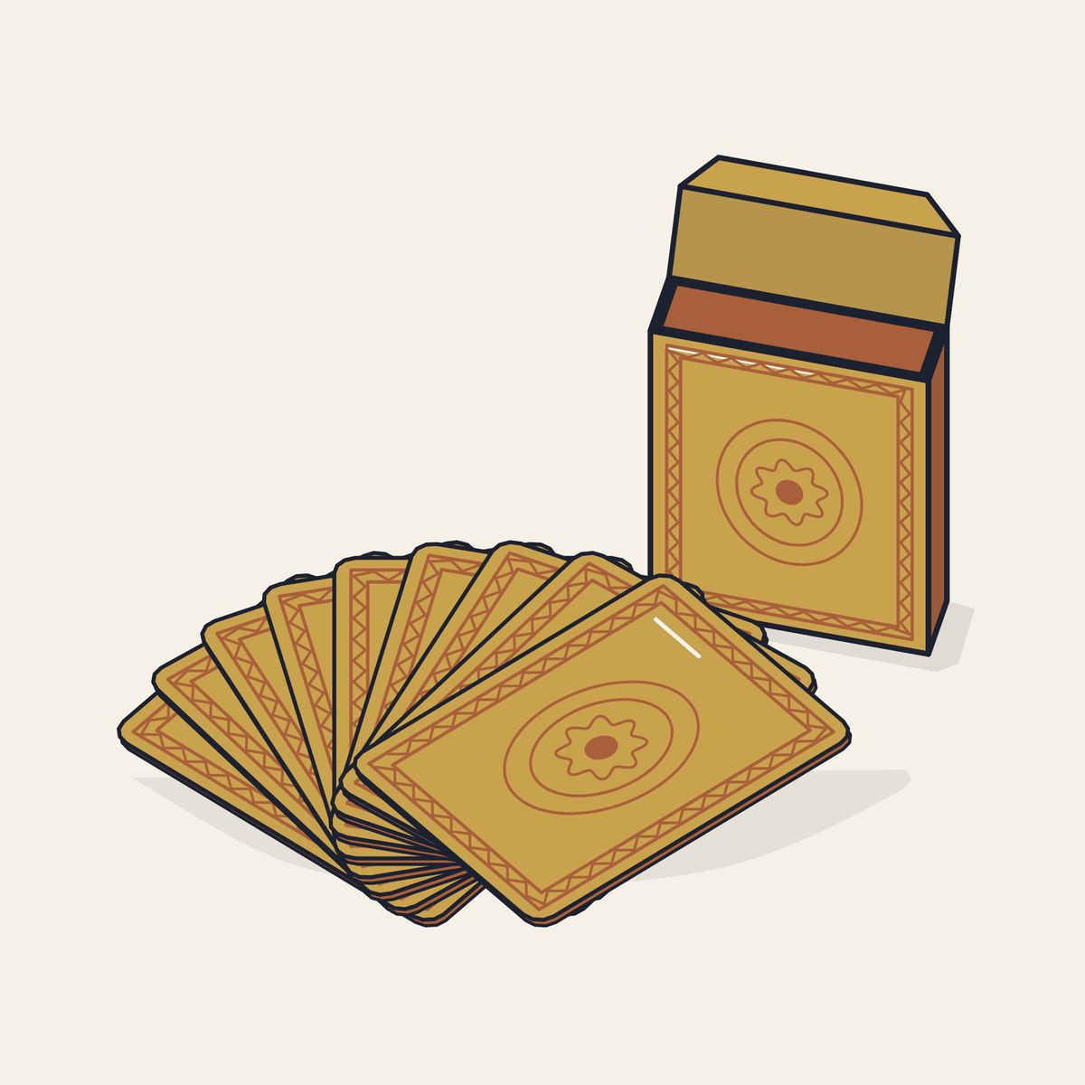 Drawing of a fanned deck of gold foil playing cards with its box