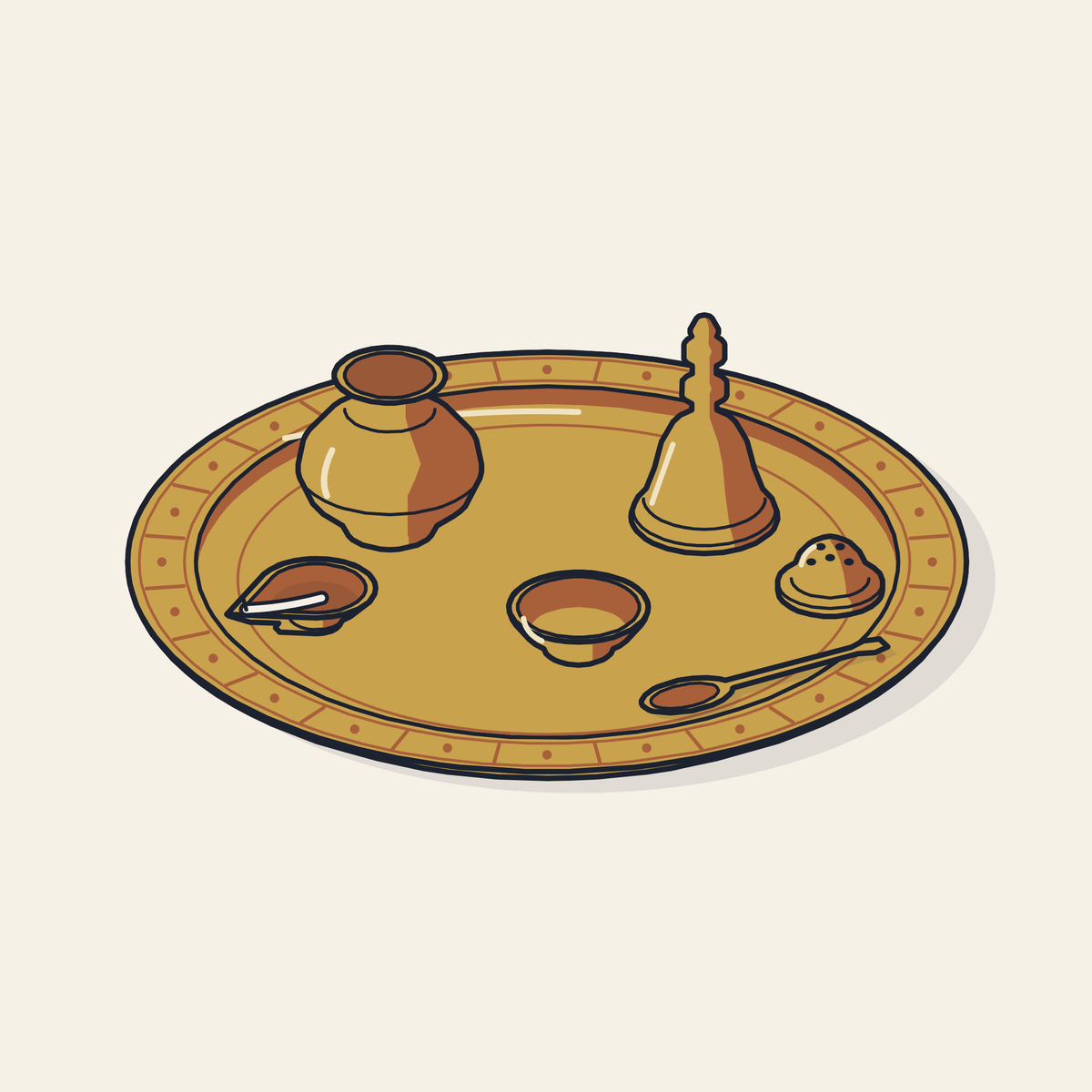 Drawing of a brass pooja thali set