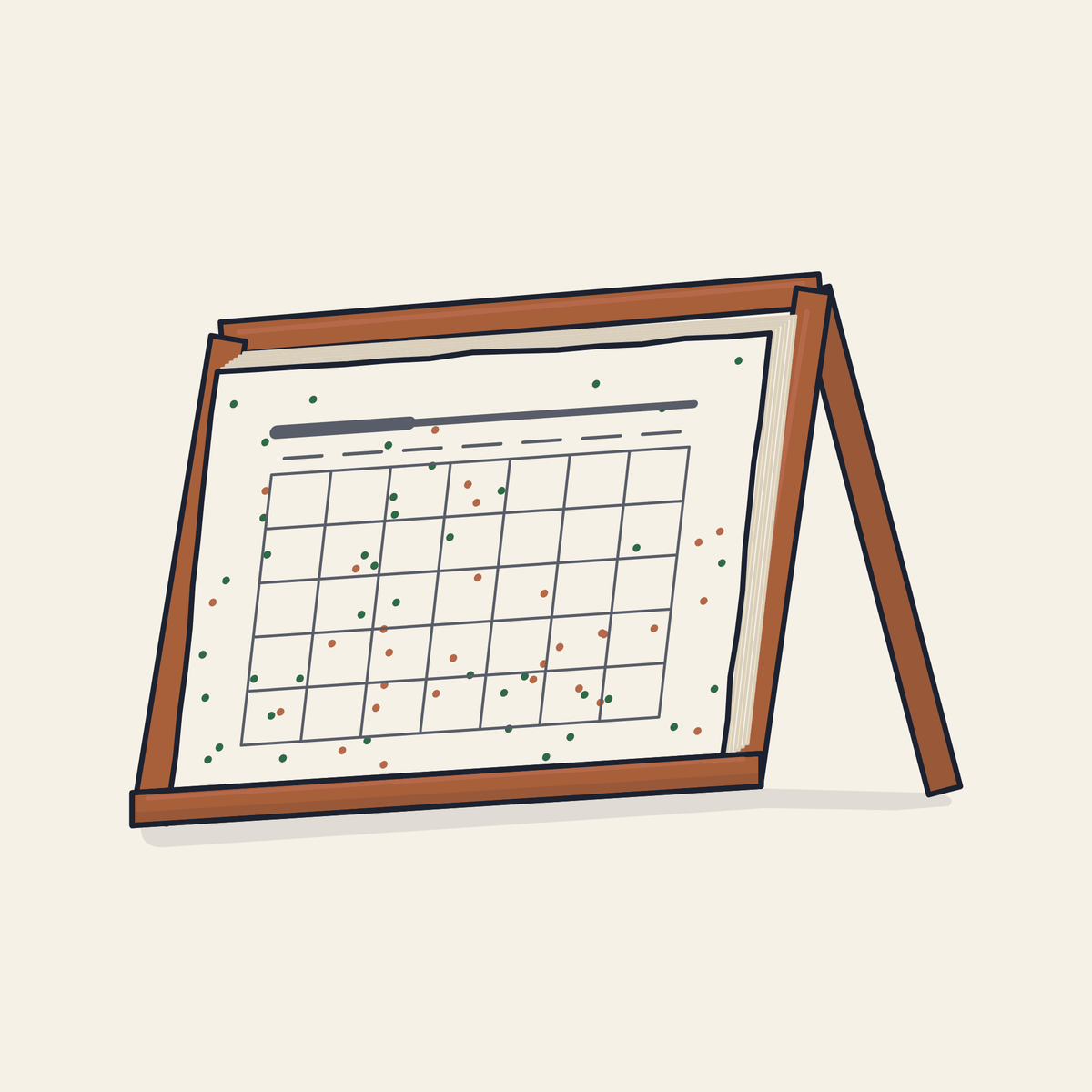 Drawing of a seed paper desk calendar on a wooden stand
