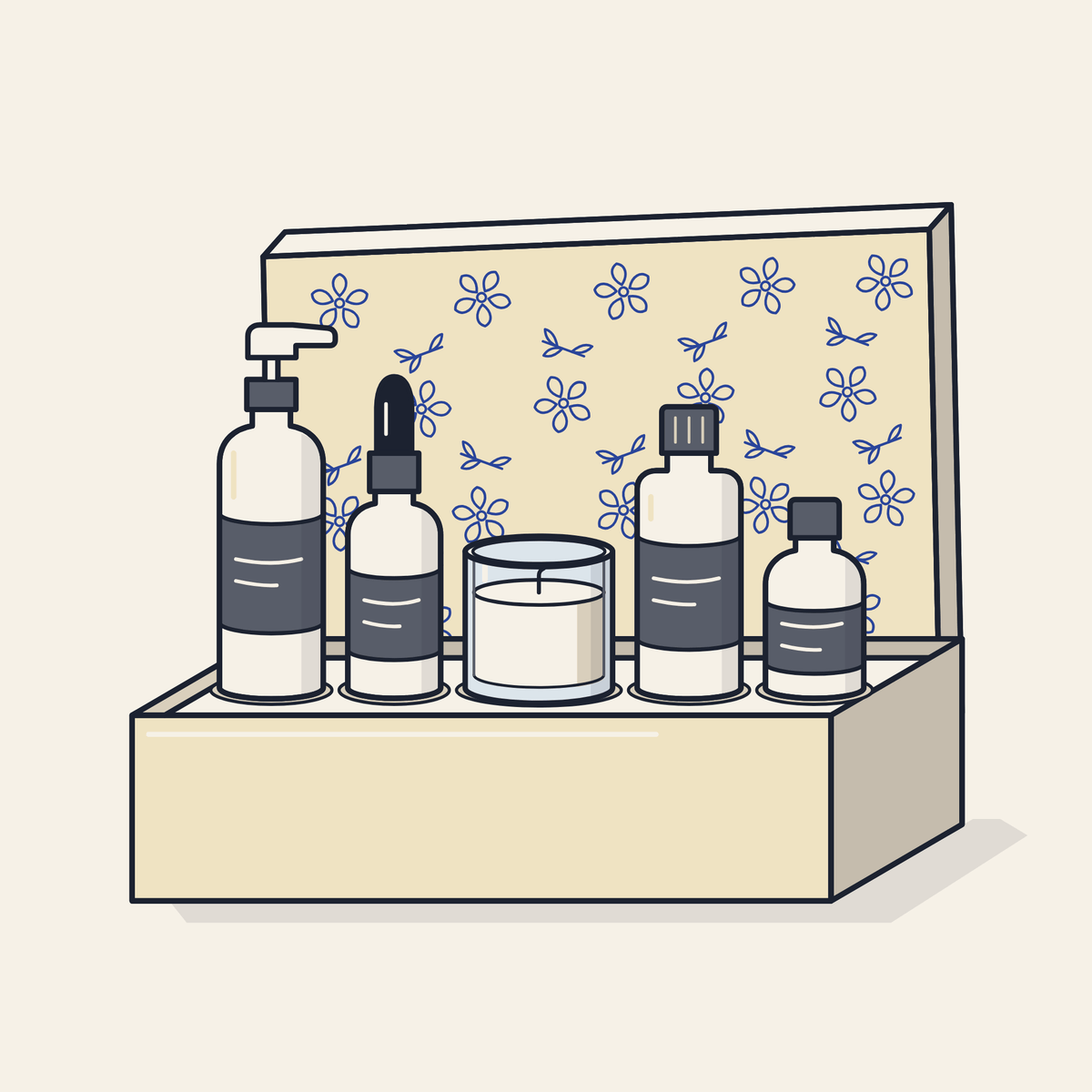 Drawing of an open gift box holding four skincare bottles and a jar candle