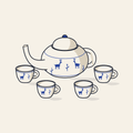 Drawing of a tea set with a teapot and four cups