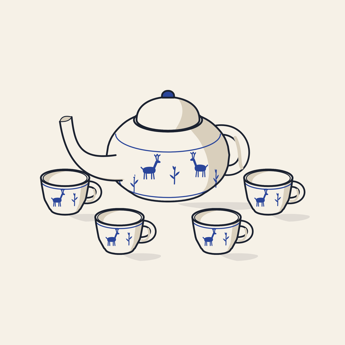 Drawing of a tea set with a teapot and four cups